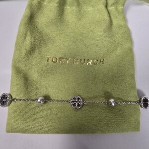 Tory Burch Silver and Black Logo Charm Bracelet